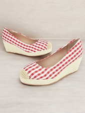 cheap Platform Heels-Women&#039;s Red Gingham Espadrille Wedge Heels with Crochet Toe Cap, Vintage Style Summer Shoes for Casual and Vacation Wear