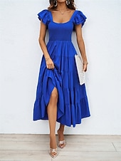 رخيصةأون فساتين الحفلات-فستان نسائي متوسط الطول برقبة مربعة وأكمام قصيرة للصيف والربيع