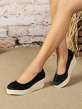 cheap Platform Heels-Women&#039;s Pink Velvet Espadrille Wedge Shoes, Casual Slip-On Platform Flats for Summer and Daily Wear