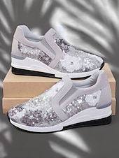levne Dámské tenisky-dámské květinové flitrové slip-on tenisky - pohodlné třpytivé ležérní boty s klínovou podrážkou, ideální na procházky nebo párty