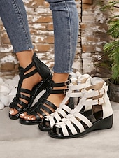 cheap Casual Sandals-Women&#039;s Gladiator Strappy Open Toe Sandals with Double Buckle, Low Wedge Heel Comfortable Summer Shoes for Casual, Vacation, and Daily Wear
