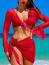 olcso Bikiniszettek-női valentin fürdőruha bikini szoknya fürdőruha hát nélküli karcsú nyaralás strandruha egyszínű kötőfék nyak ujjatlan hosszú ujjú fürdőruha piros