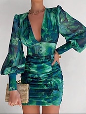 tanie Bodycon Club Dresses-Damskie Sukienka mini Codzienne sukienki Bodycon Elegancki Codzienny Urlop Codzienny Regularny Kwiaty Długi rękaw W serek Zielony Jasnoniebieski Wiosna Jesień
