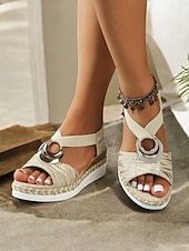 preiswerte Lässige Sandalen-Damen-Espadrille-Keilsandalen im Boho-Stil mit metallischem Ringdetail – Riemchen-Sommerschuhe für Freizeit und Strand