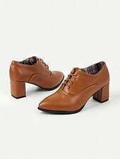 abordables Richelieu femme-Richelieus à lacets en similicuir marron à talon épais de style rétro pour femmes, marron polyvalents pour le travail au bureau ou au quotidien