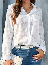 billige Blonder topper-Kvinners hvite elegante blonde topper øyelet bluse uformell ensfarget vanlig topper lang erm skjortekrage knapper lomme vanlig passform daglig romantiske petite topper sommerferie slitasje hvit gul