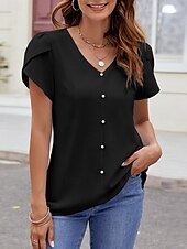 billige Kvinne Enkle Topper-Dame Skjorte Bluse Helfarge Grunnleggende Fritid Kortermet V-hals Vanlige topper Daglig Perler Svart Himmelblå Fuksia Sommer Vår