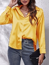 economico Top eleganti-Per donna Camicia Elegant Elegante Raso/Satin Tinta unica Affari Moderno Casual Manica Lunga Colletto a Camicia Top Regolari Lavoro Abbigliamento Formale Bottoni Giallo Rosa Vino Blu Verde Estate