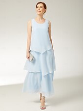 billiga Golvlängd-Sheath  Kolumn Mor till Bruden Klänning Strandbröllop Elegant Enkel Juvelhals Ankellängd Chiffon Ärmlös med Tier Enhetlig Färg