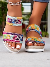 cheap Vacation Sandals-Women&#039;s Bohemian Wedge Sandals – Colorful Embroidered Slip-On Platform Shoes for Summer, Beach, and Casual Wear