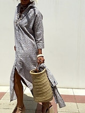 levne Boho šaty-Dámské Maxi šaty Volnočasové šaty Swingové šaty Boho šaty Na běžné nošení Denní Běžný Geometrický 3/4 délka rukávu Košilový límec Rubínově červená Šedá Léto Jaro Podzim