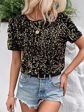 billige Dressy topper-Dame Paljetter Glitrende Party Glimmer عادي Mote Moderne Fritid Kortermet Crew-hals Vanlige topper Daglig Helg Paljetter Svart Rosa Gull Sommer Vår