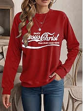 economico Umor e Citazioni Tops-Per donna Felpe Pop art Informale Manica lunga Rotonda Top regolari Ufficio Da giorno Informale Stampa Rosso Autunno Inverno