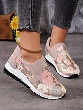 levne Dámské tenisky-dámské květinové flitrové slip-on tenisky - pohodlné třpytivé ležérní boty s klínovou podrážkou, ideální na procházky nebo párty