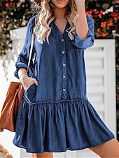 cheap Denim Dresses-Women&#039;s Denim Dress Mini Dress Ruffle Patchwork Casual V Neck Long Sleeve Blue Color