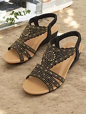 cheap Vacation Sandals-Women&#039;s Bohemian Rhinestone Wedge Sandals – Sparkly Elastic Strap Open-Toe Shoes for Summer, Beach, Casual &amp; Evening Wear