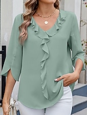 billige Kvinne Enkle Topper-Dame Skjorte Bluse Helfarge Grunnleggende Fritid 3/4 ermer V-hals Vanlige topper Daglig Drapering Lapper Himmelblå Fuksia Grønn Sommer Vår