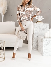 voordelige Vrouwen&#039;s Kunst &amp; Design Tops-Dames Overhemd Blouse Bloemig Grafisch Basic Casual Lange mouw Overhemdkraag Normale tops Dagelijks Knop Afdrukken Zwart Wit Blozend Roze Herfst Winter