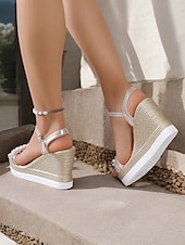 preiswerte Lässige Sandalen-Silberne Damen-Keilsandaletten mit Perlenverzierung und Fesselriemchen, elegante Plateauschuhe für Hochzeiten, Partys und besondere Anlässe