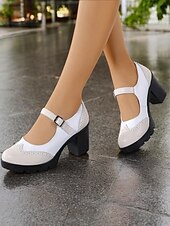 olcso Block Heels-női kék-fehér mary jane vaskos sarkú cipő brogue részletekkel, vintage stílusú kényelmes pumpák irodába, bulikba és mindennapi viseletre