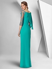 cheap Floor Length-Sheath / Column Dress Mother of the Bride Dress Elegant Bateau Neck Floor Length Chiffon 3/4 Length Sleeve with Lace Solid Color