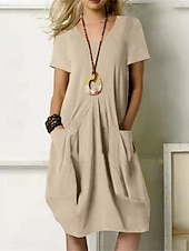 cheap Design Cotton &amp; Linen Dresses-Women&#039;s Mini Dress Cotton Linen Dresses Casual Dress Stylish Basic Casual Vacation Daily Regular Fit Plain Short Sleeve V Neck Black Khaki Army Green Summer Spring