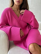 billiga Stickade klänningar-Dam Tröja Tröja klänning Ledigt Mjukt Ren färg Ribbad V-hals Stickat Långärmad Långa toppar Sticka Utomhus Dagligen Helgen Svart Fuchsia Höst Vinter