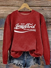 economico Umor e Citazioni Tops-Per donna Felpe Pop art Informale Manica lunga Rotonda Top regolari Ufficio Da giorno Informale Stampa Rosso Autunno Inverno