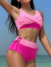 billiga Bikiniset-Dam Badkläder Bikini 2 st Kalsonger Baddräkt Öppen rygg Smal Hög midja Semester Standkläder Ensfärgat V-hals Ärmlös Baddräkter