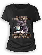 ieftine Umor &amp; Citate tricou-Pentru femei Tricou Pisica Scrisă Casual Manșon scurt Rotund Topuri obișnuite Zilnic Imprimeu Negru Albastru piscină Trifoi Vară