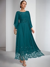 cheap Ankle Length-A-Line Dress Ankle Length Party Dress Cocktail Dress Long Sleeve Jewel Neck Elegant Sparkle &amp; Shine Formal Chiffon Mother of the Bride Dress with Lace Embroidery Solid Color