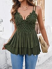 preiswerte Tank-Shirts &amp; kurze Jäckchen für Damen-Damen Camisole Tanktop Unifarben Lässig Ärmellos Träger reguläre Tops Alltag Spitze Patchwork Weiß Armeegrün Khaki Sommer