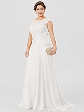 preiswerte Bodenlänge-A-Linie Mutter der Braut Kleid Hochzeitsgast Elegant Plus Size Illusionshals Sweep  Brush Zug Chiffon Perlenbesetzte Spitze Kurze Ärmel ohne Schleife(n) Falten 2025 kostenlose Maßanfertigung