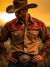 abordables camisas occidentales de los hombres-Hombre Tribal Impresión de pañuelo Camisa camisa occidental Manga Larga Camisa Cuello Vuelto Vintage Exterior Calle Casual Diario Rosa Rojo Azul S M L