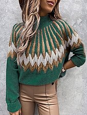 voordelige Grafische patronen en details-Dames Trui Casual Zacht Kleurenblok Geribd Strakke ronde hals Gebreid Lange mouw Normale tops breien Buiten Dagelijks Weekend Rood Groen Herfst Winter