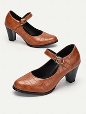 abordables Block Heels-escarpins Mary Jane roses classiques pour femmes - bout rond, bride à la cheville, talon moyen, tenue de travail de bureau