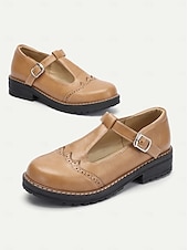 abordables Années 1950-chaussures Mary Jane en similicuir marron clair pour femmes avec bride en T et détails brogue, semelle robuste pour un port quotidien confortable et des tenues de style vintage