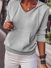 cheap Solid Colors-Women&#039;s Sweater Casual Soft Pure Color Ribbed V Neck Knitted Long Sleeve Regular Tops Knit Outdoor Daily Weekend Pink Red Fall Winter