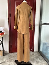 ieftine Seturi-Pentru femei Zilnic Cămașă Seturi inspirate de in Seturi din două piese Pantaloni cu picioare largi Pantaloni Manșon Lung Guler Cămașă Culoare solidă Peteci În aer liber Mov Kaki Bej Primăvară