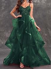 billiga glitterbal-Prom Klänningar A-linje Elegant Klänning Glitter Tyll Formell Bröllopsgäst Golvlängd Ärmlös V-ringad 2024