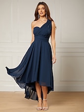 billiga Bröllopsgästklänningar-A-linjeformade bröllopsgästklänningar elegant klänning formell te-längd ärmlös en axel höst bröllopsgäst chiffong med rynkor