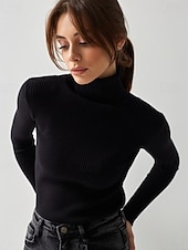 abordables Couleurs unies-Femme Pull Chandail Décontractées Flexible Couleur monochrome A côtes Col Roulé Tricoté manche longue Hauts réguliers Tricoter Extérieur du quotidien Fin de semaine Noir Blanche Automne Hiver
