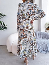 halpa Mekot-Naisten Maksimekko Rento mekko A linjainen mekko Boho-mekko Böömi Tyylikäs Vapaa-aika Loma Päivittäin Normaali Paisley-kuvio Pitkähihainen Paitapuserokaula-aukko Valkoinen Kuninkaallinen sininen