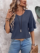 billige Plain t-skjorte-Dame T skjorte عادي Mote Moderne Fritid 3/4 ermer V-hals Vanlige topper Daglig Helg Drapering Rosa Navyblå Kakifarget Sommer Vår