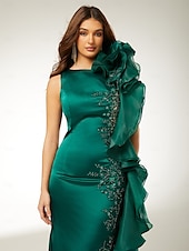 preiswerte GRÜN-Meerjungfrau/Trompete Abendkleid elegantes Kleid Verlobung Sweep/Pinselschleppe ärmellos bodenlang Rundhals Herbst Hochzeitsgast Stretch Satin mit Applikationen 2025