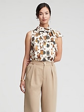cheap Shirts,Tops &amp; Blouses-Sleeveless Pleated Button Front Bow Neck Blouse