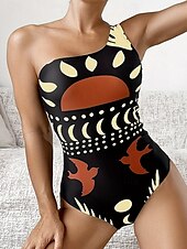 abordables Maillots de bain une pièce-Maillots de bain pour femmes Maillot de bain une pièce Monokini Sans dos Contrôle du ventre Taille haute Slim Vêtements de plage de vacances Graphique vintage Col asymétrique sans manches