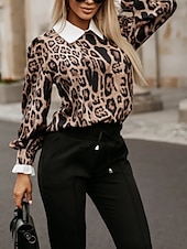 cheap Women&#039;s Work Tops-Women&#039;s Shirt Blouse Leopard Basic Casual Long Sleeve Shirt Collar Regular Tops Daily Print Brown Fall Winter
