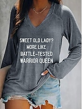 preiswerte Humor &amp; Zitate T-Shirt-Damen T-Shirt Basic Print Langarm Normal Oberteile V-Ausschnitt Alltag Wochenende Grau Herbst&amp;amp; Winter