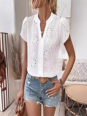 billige Blonder topper-Dame Skjorte Bluse Helfarge Daglig Stilfull Fritid Kortermet V-hals Vanlige topper Arbeid Daglig Ut på byen Broderi Hvit Sommer Vår